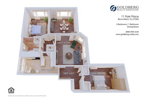 Floor plan for 2 beds, 1 bath, 1383 sqft